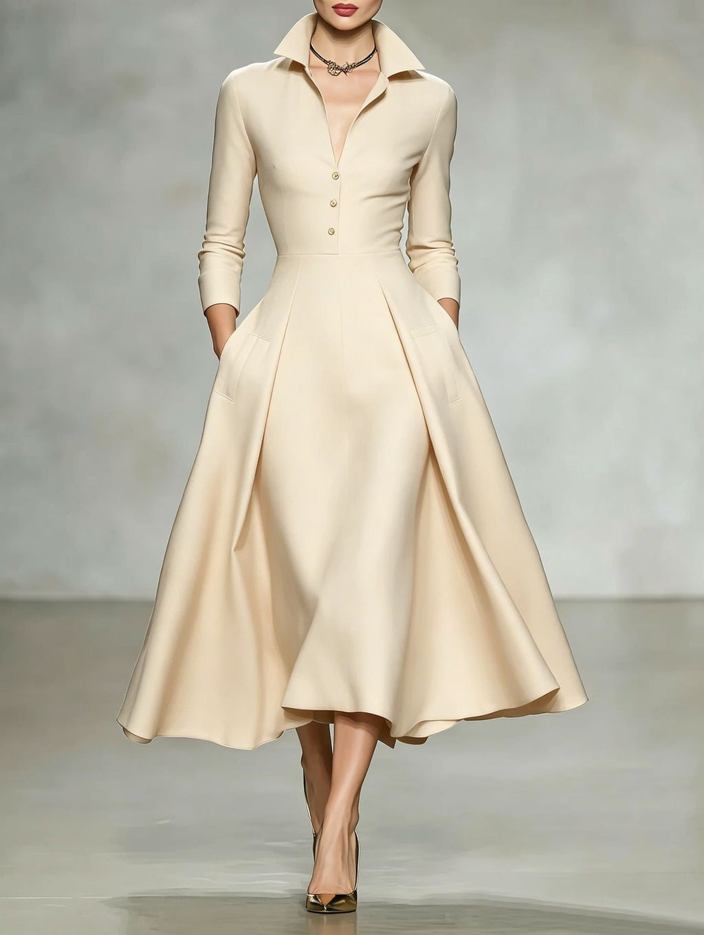 Small-Collar Long-Sleeve Midi Dress