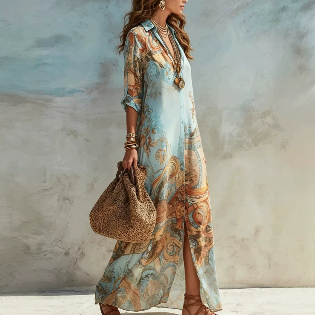 Blue Floral Three-Quarter Sleeve Maxi Dress