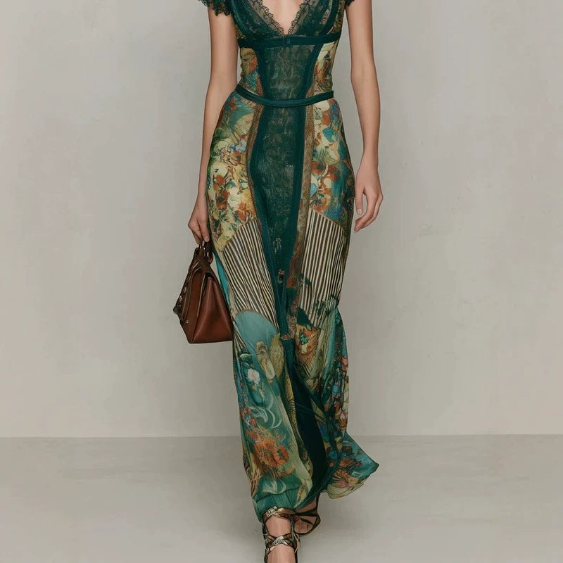 Dark Green Floral V-Neck Short-Sleeve Maxi Dress
