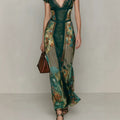 Dark Green Floral V-Neck Short-Sleeve Maxi Dress