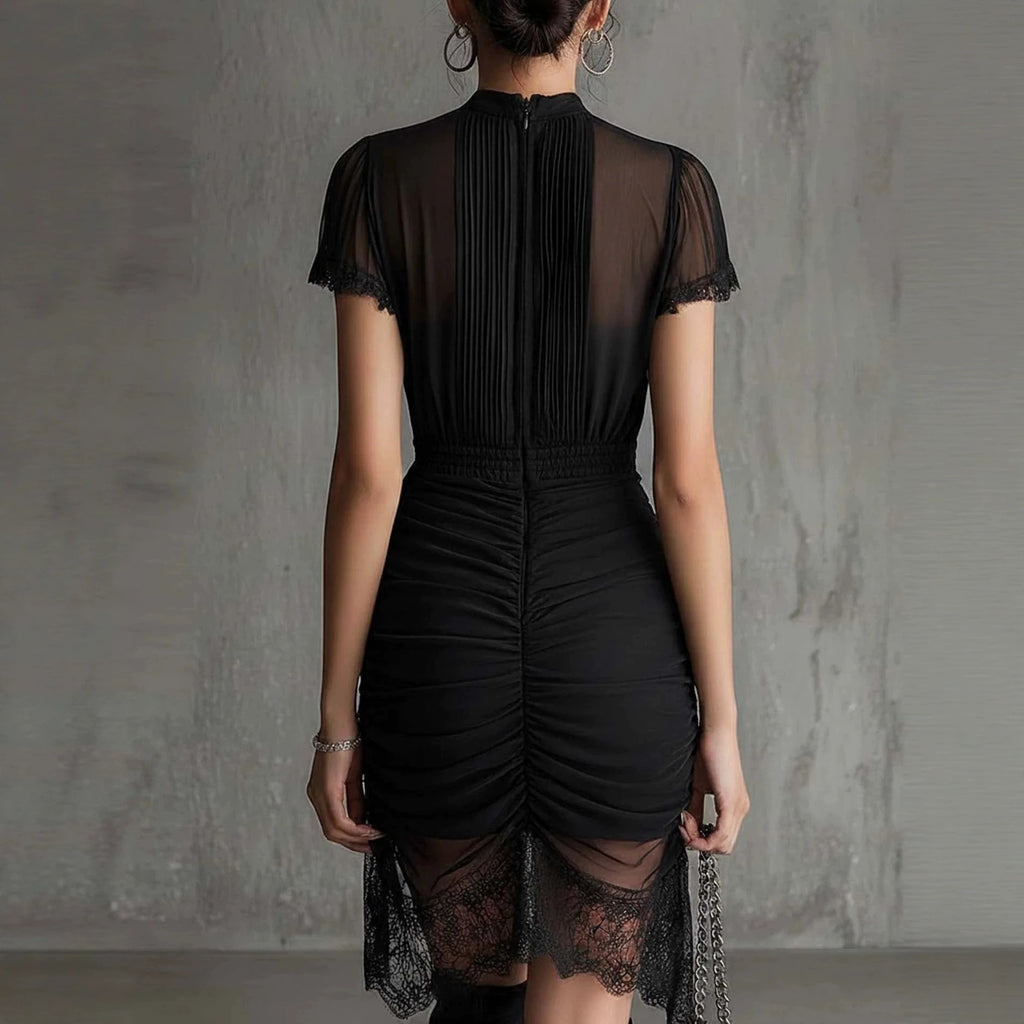 Black Stand-Collar Short-Sleeve Midi Dress