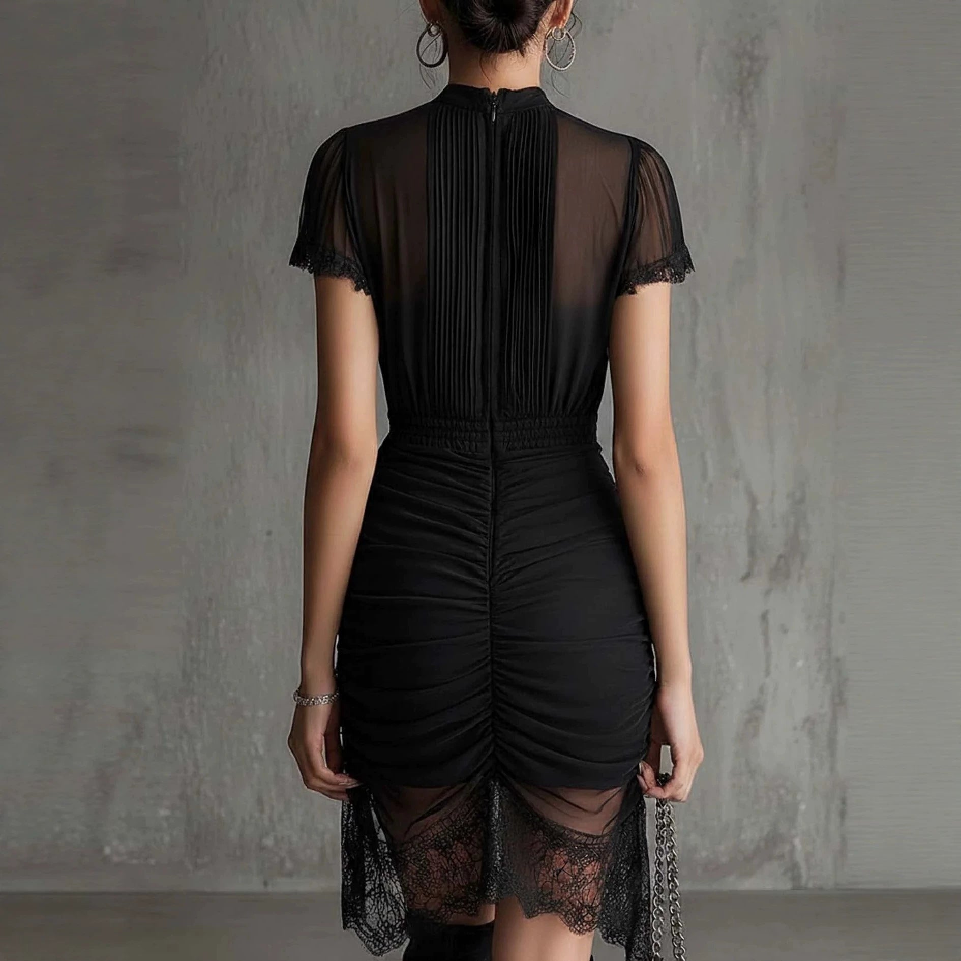 Black Stand-Collar Short-Sleeve Midi Dress