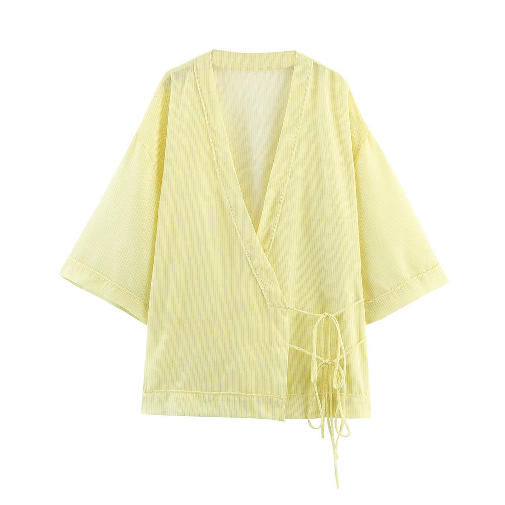 Three-quarter-sleeve striped kimono-style jacket