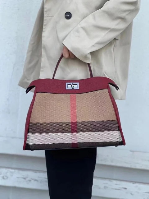 Women's striped 35cm shoulder tote bag in black, green, red or caramel