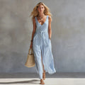 Blue Striped Tie-Waist Sleeveless Maxi Dress