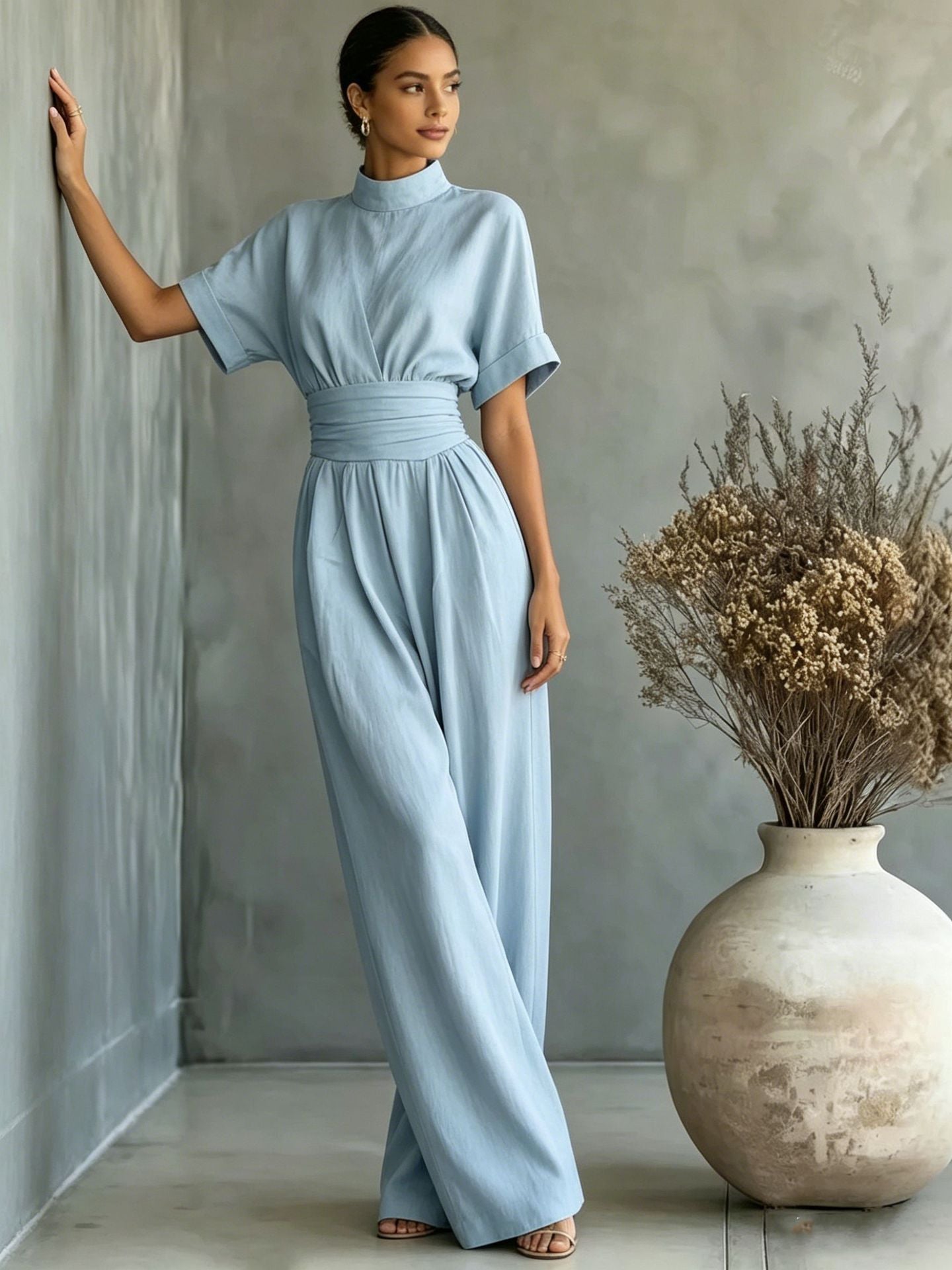 Sorrento High-Neck Wide-Leg Jumpsuit – Short-Sleeve One-Piece
