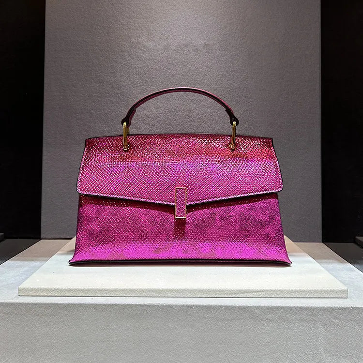 Women's snake print PU shoulder bag in gold or dark pink