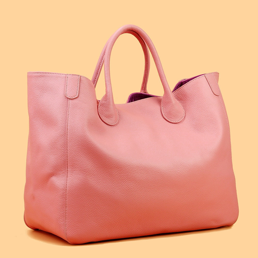 Women's top-layer cowhide oversized tote bag in yellow, black or pink