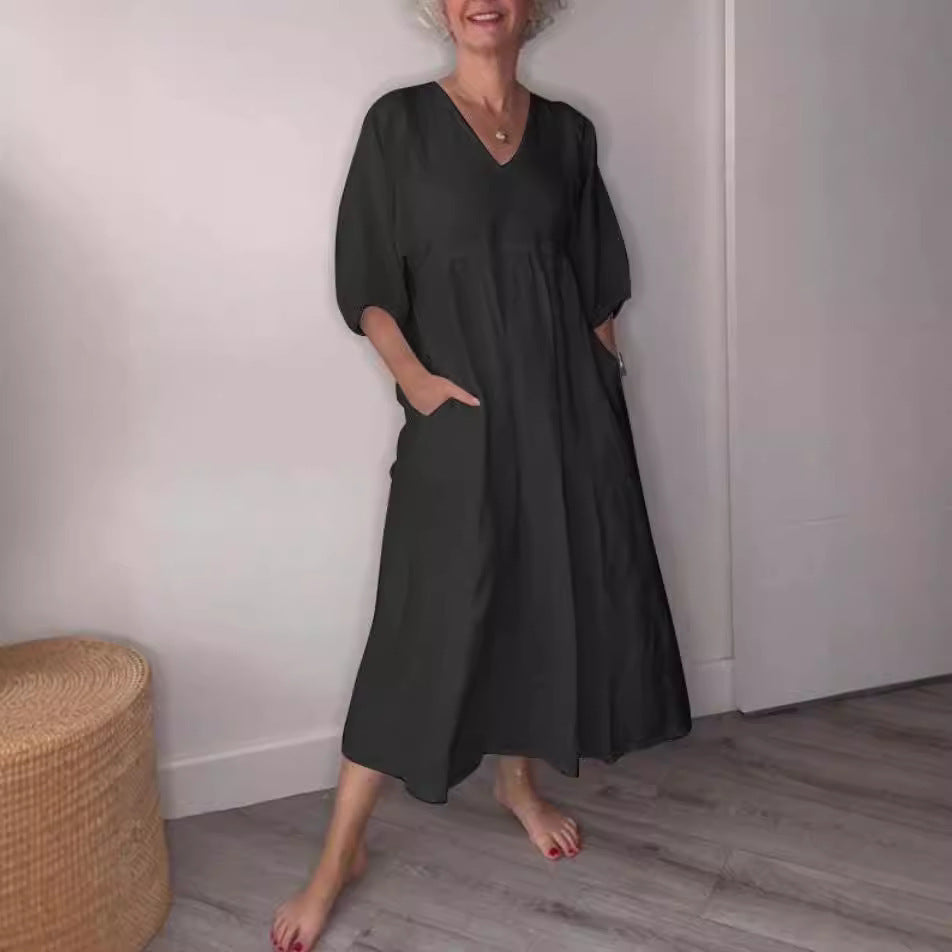 V-Neck Cotton-Linen Three-Quarter Sleeve Maxi Dress