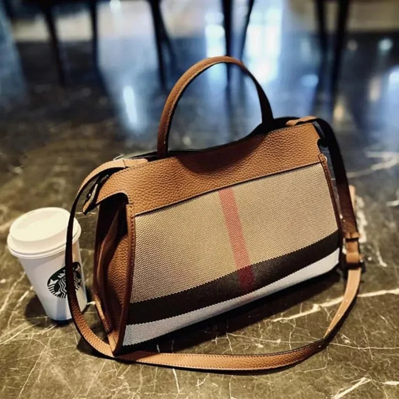 Women's striped 35cm shoulder tote bag in black, green, red or caramel