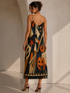Abstract Halloween Slip Maxi Dress | Spaghetti Strap Statement Dress