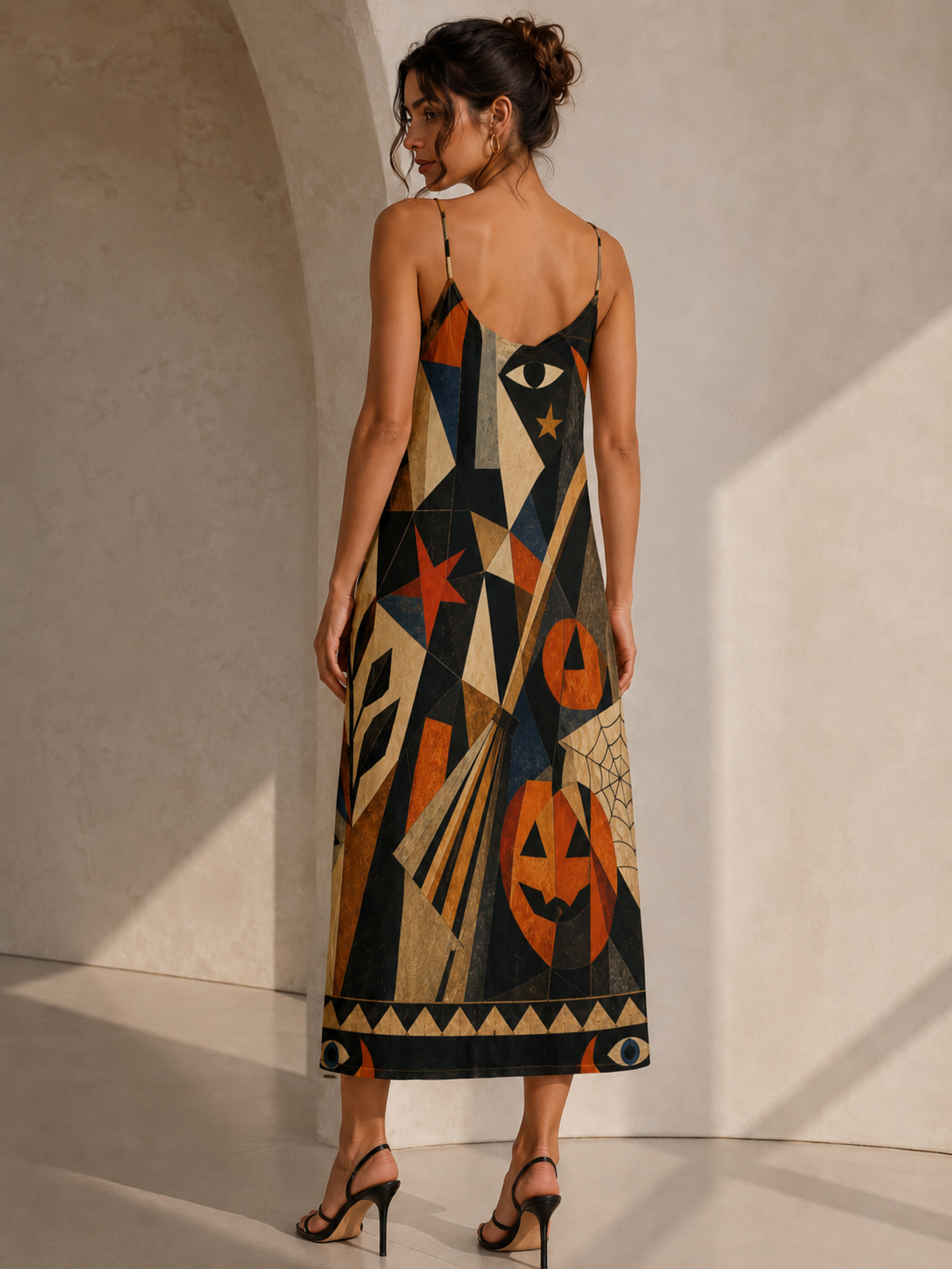 Abstract Halloween Slip Maxi Dress | Spaghetti Strap Statement Dress