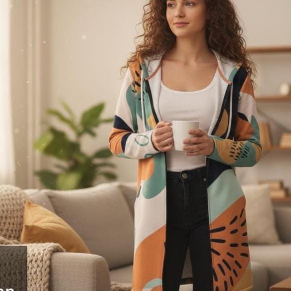 Abstract Long Cardigan | Geometric Bohemian Kimono Coat