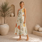 Lemon Olive Cotton Midi Dress | Mediterranean A-Line Pocket Dress