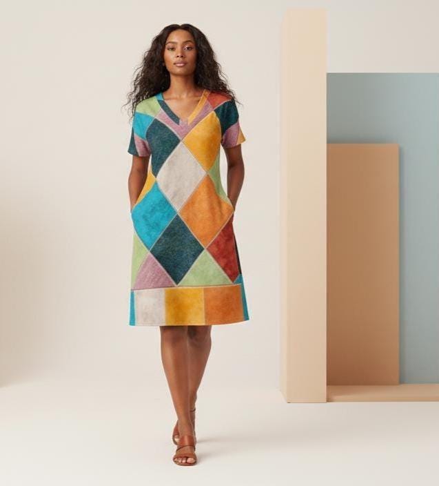 Colorful Geometric A-Line Dress | Boho Patchwork Vacation Dress