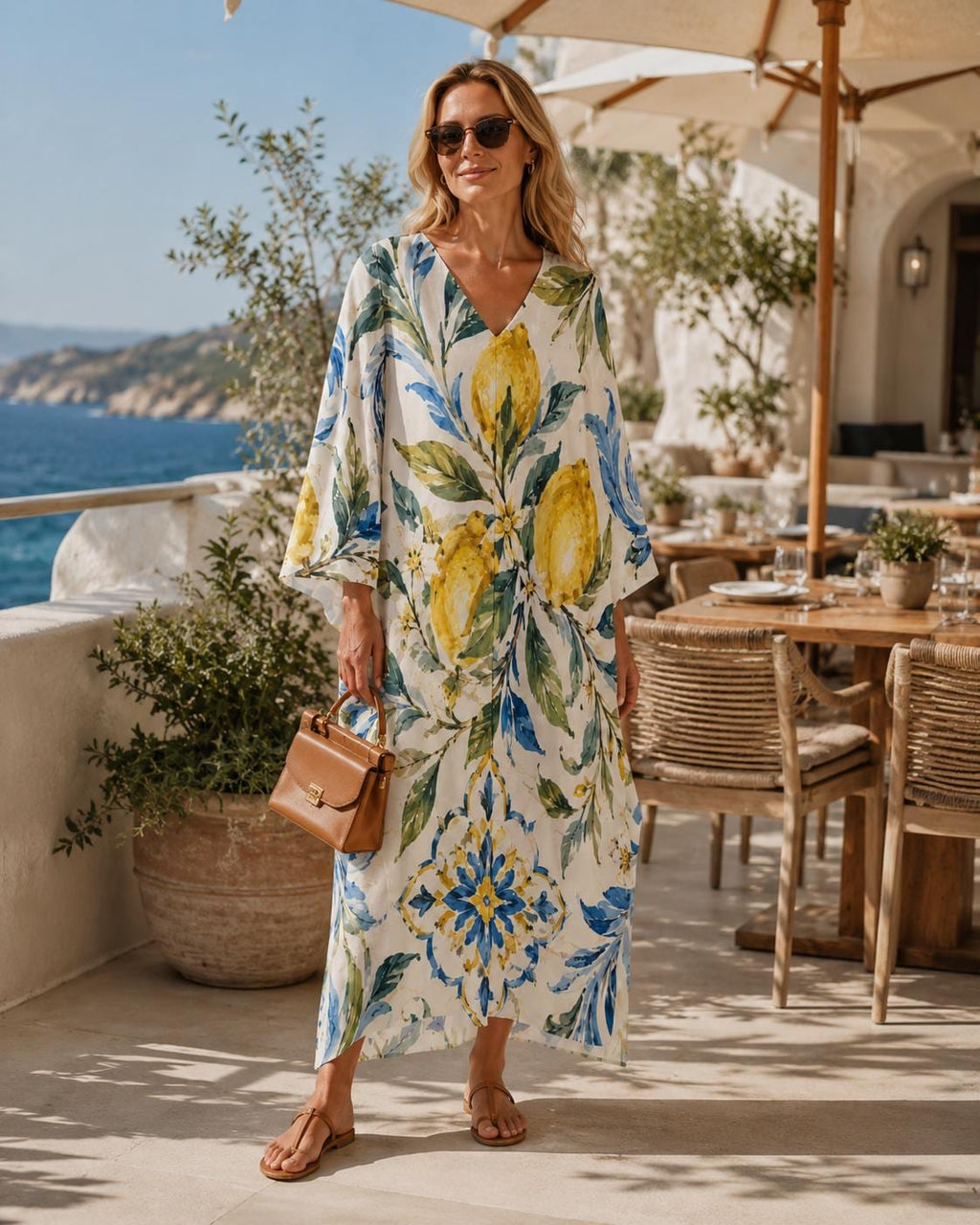 Lemon Kaftan Dress | Mediterranean Beach Cover-Up Resort Maxi