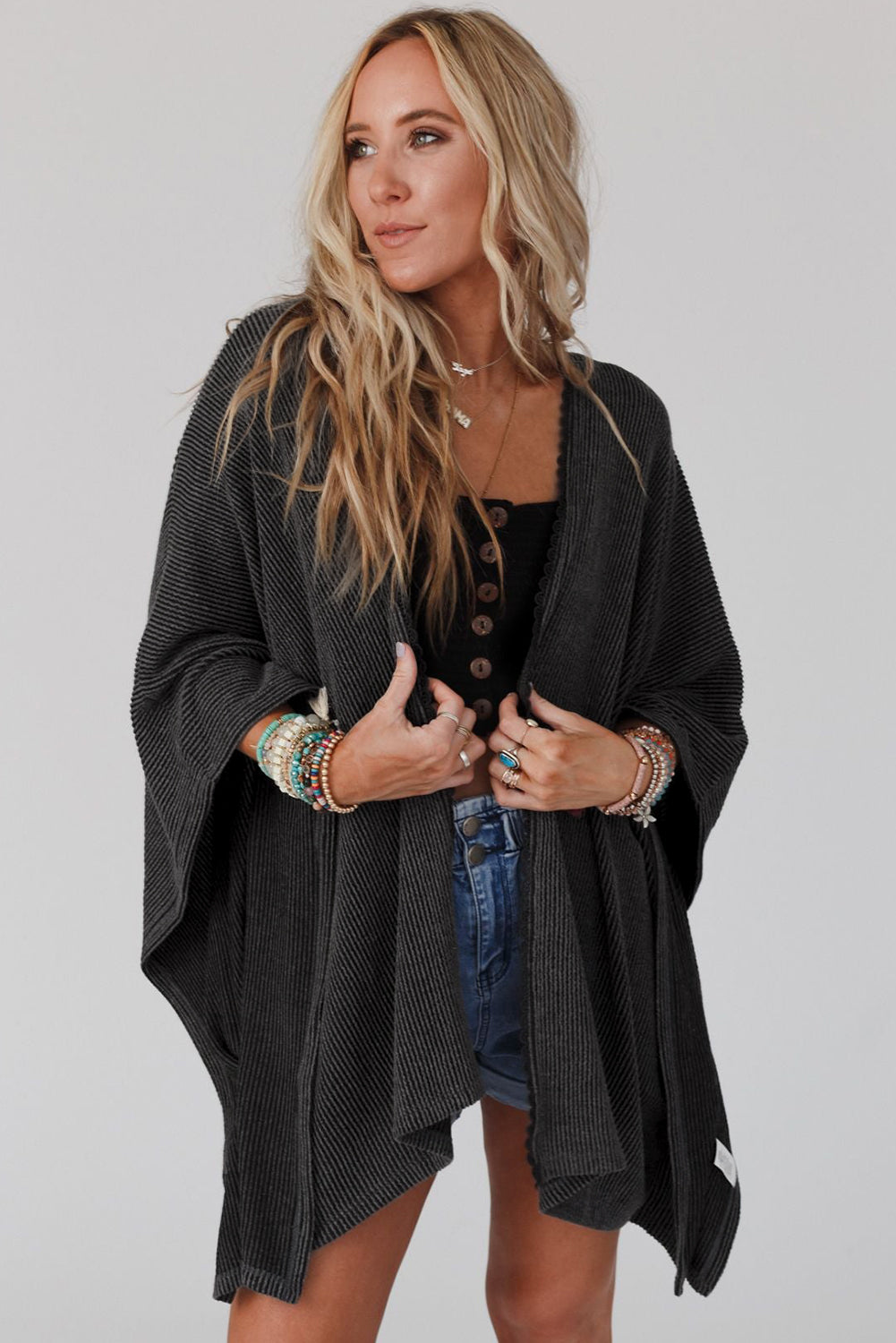 Oversized open-front kimono cardigan with lace trim