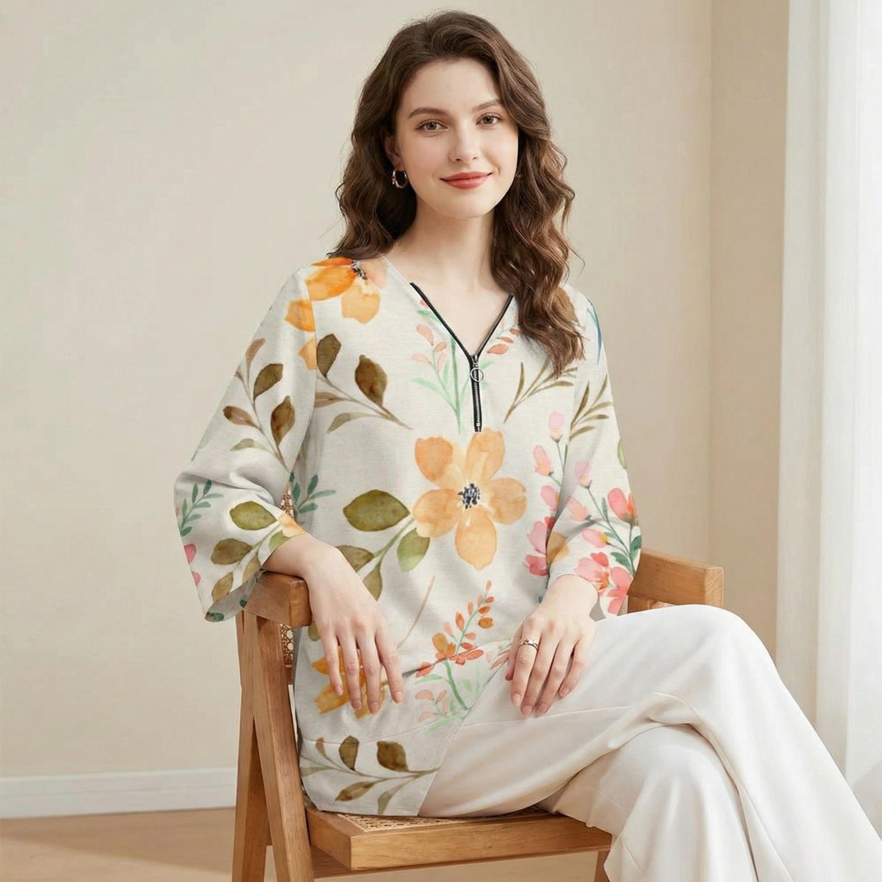 Soft Floral V-Neck Tunic | Watercolor Irregular Hem Top