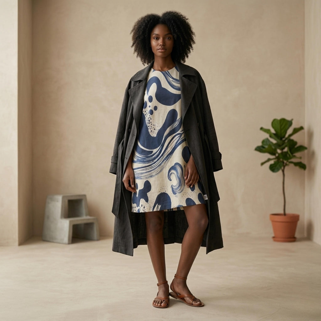 Blue Abstract Wave Mini Dress | Coastal A-Line Pocket Dress