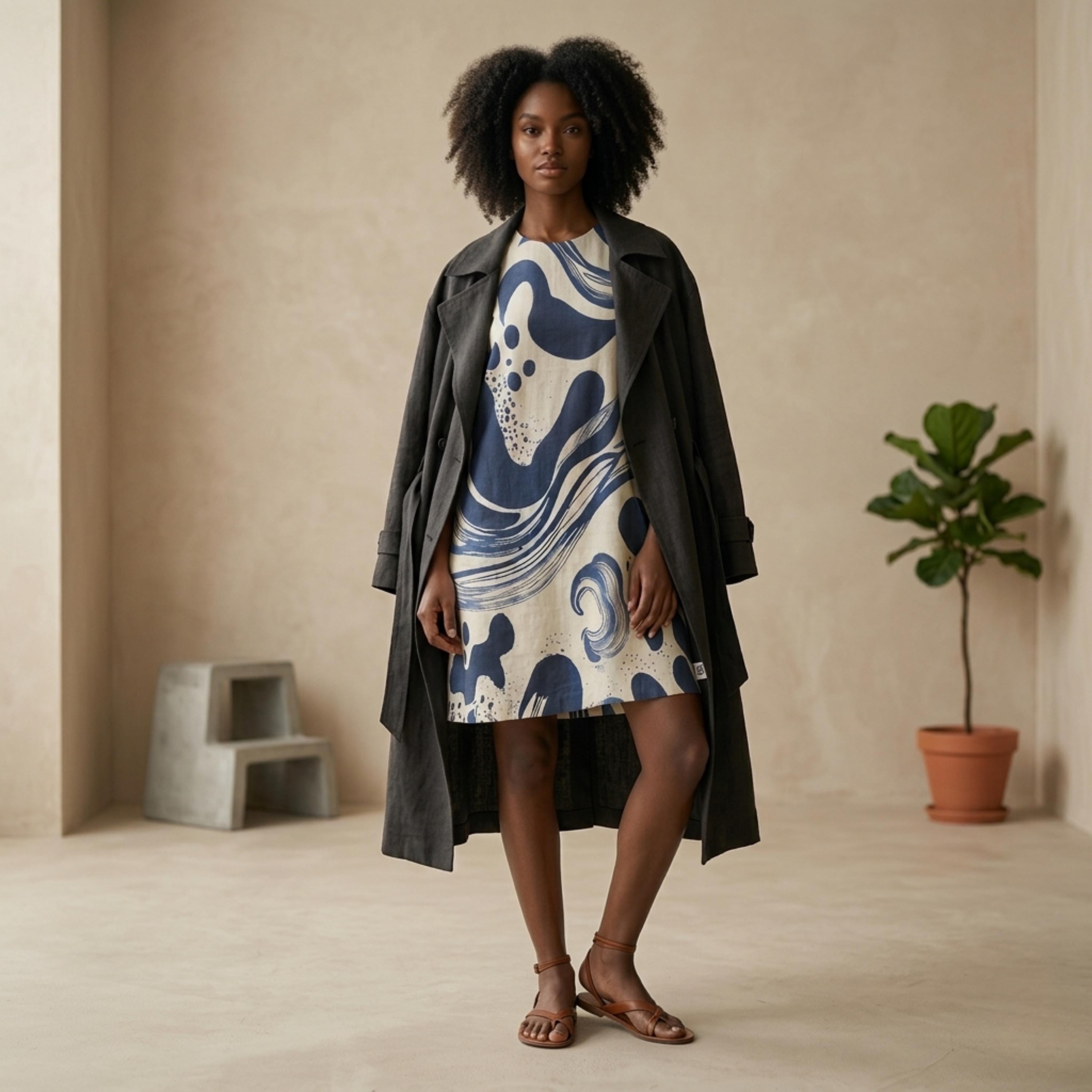 Blue Abstract Wave Mini Dress | Coastal A-Line Pocket Dress