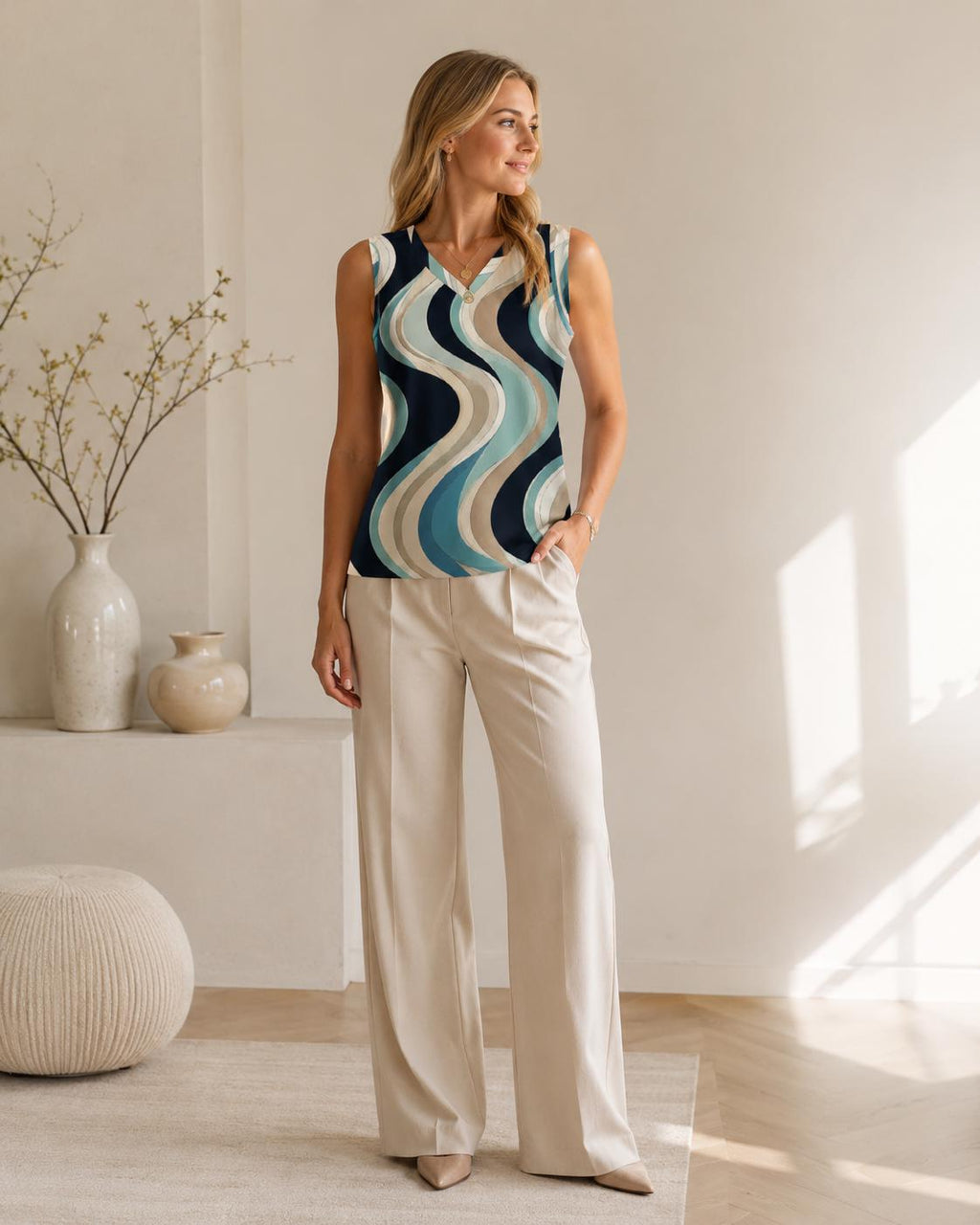 Retro Coastal Wave V-Neck Top | Teal Beige Resort Blouse