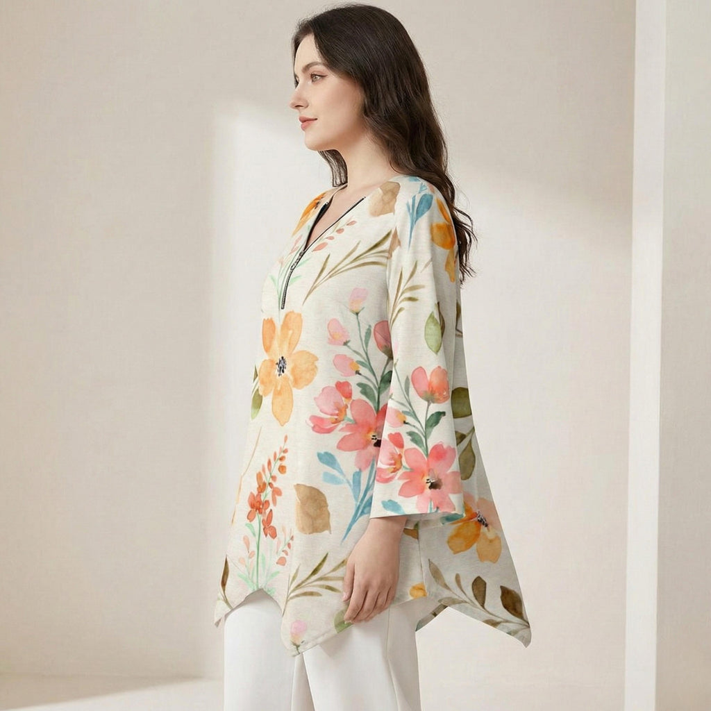Soft Floral V-Neck Tunic | Watercolor Irregular Hem Top