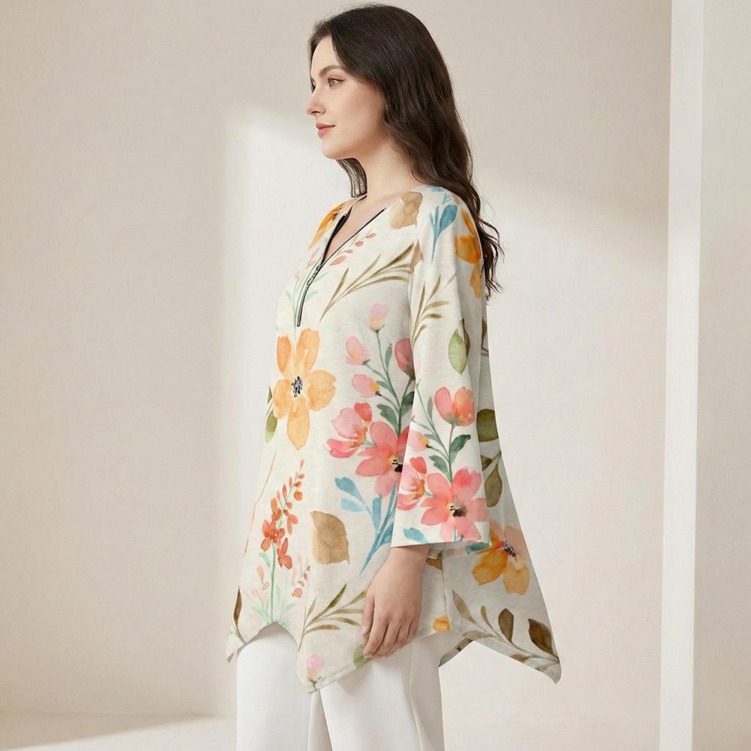 Soft Floral V-Neck Tunic | Watercolor Irregular Hem Top