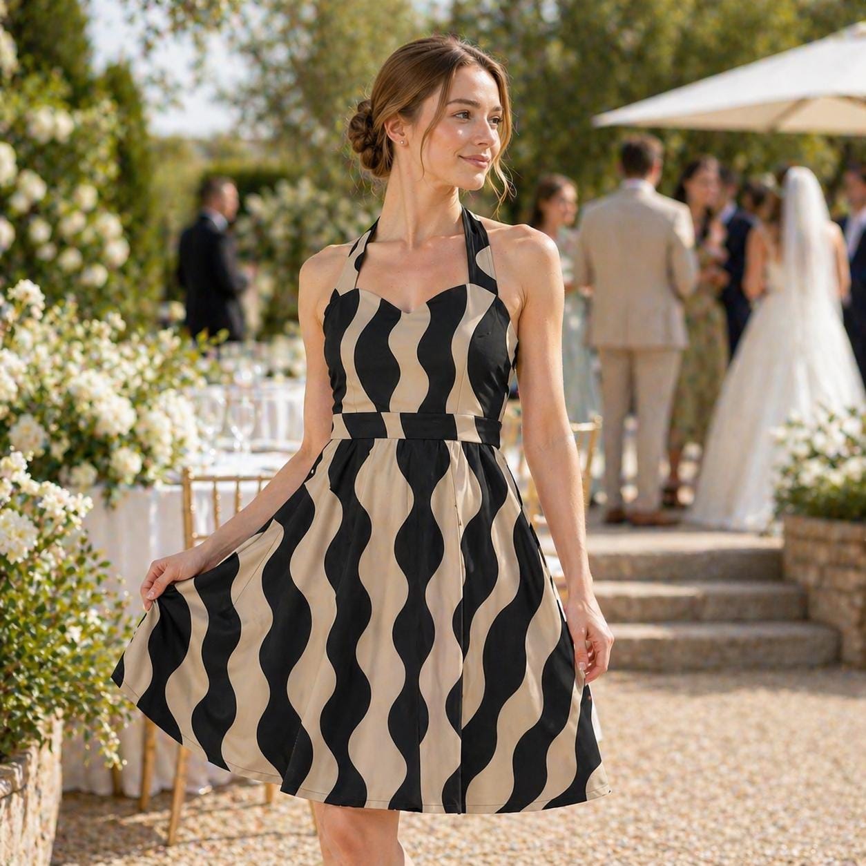 Black Beige Halter Mini Dress | Wedding Guest Date Night Dress