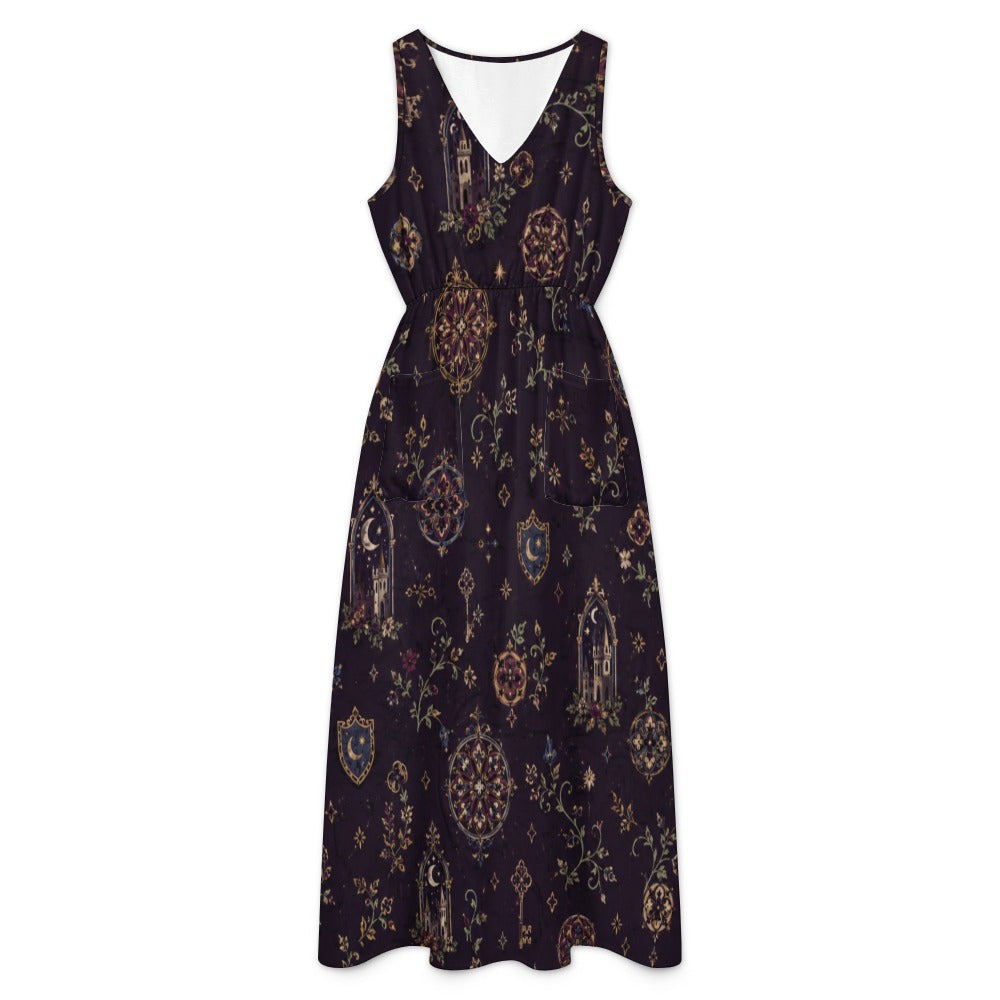 Burgundy Floral Maxi Dress with Pockets | V-Neck Resort Dress
