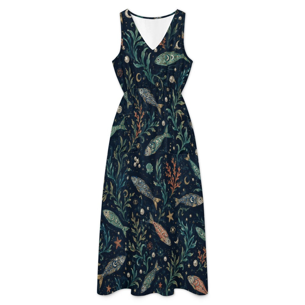 Teal Night Garden Maxi Dress with Pockets | V-Neck Resort Dress