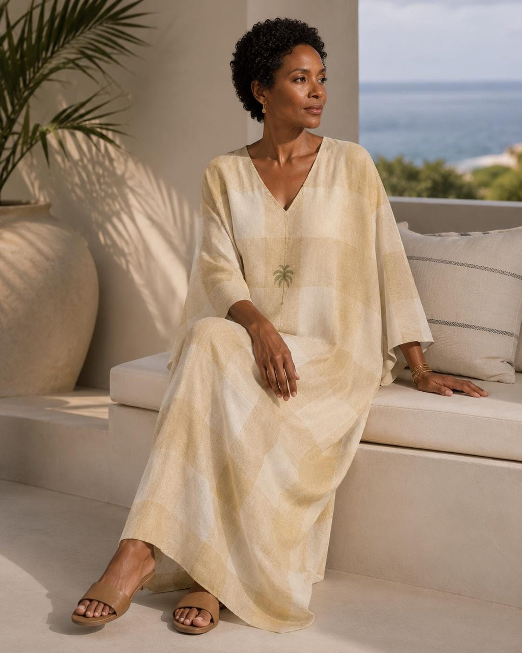 Beige Plaid Kaftan Dress | Oversized Resort Cover-Up