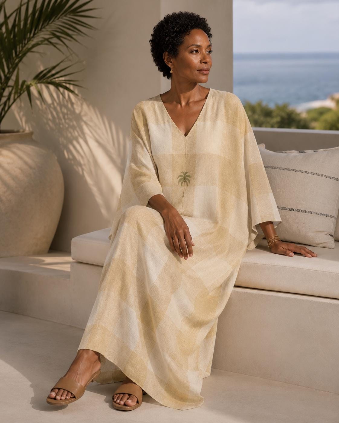 Beige Plaid Kaftan Dress | Oversized Resort Cover-Up
