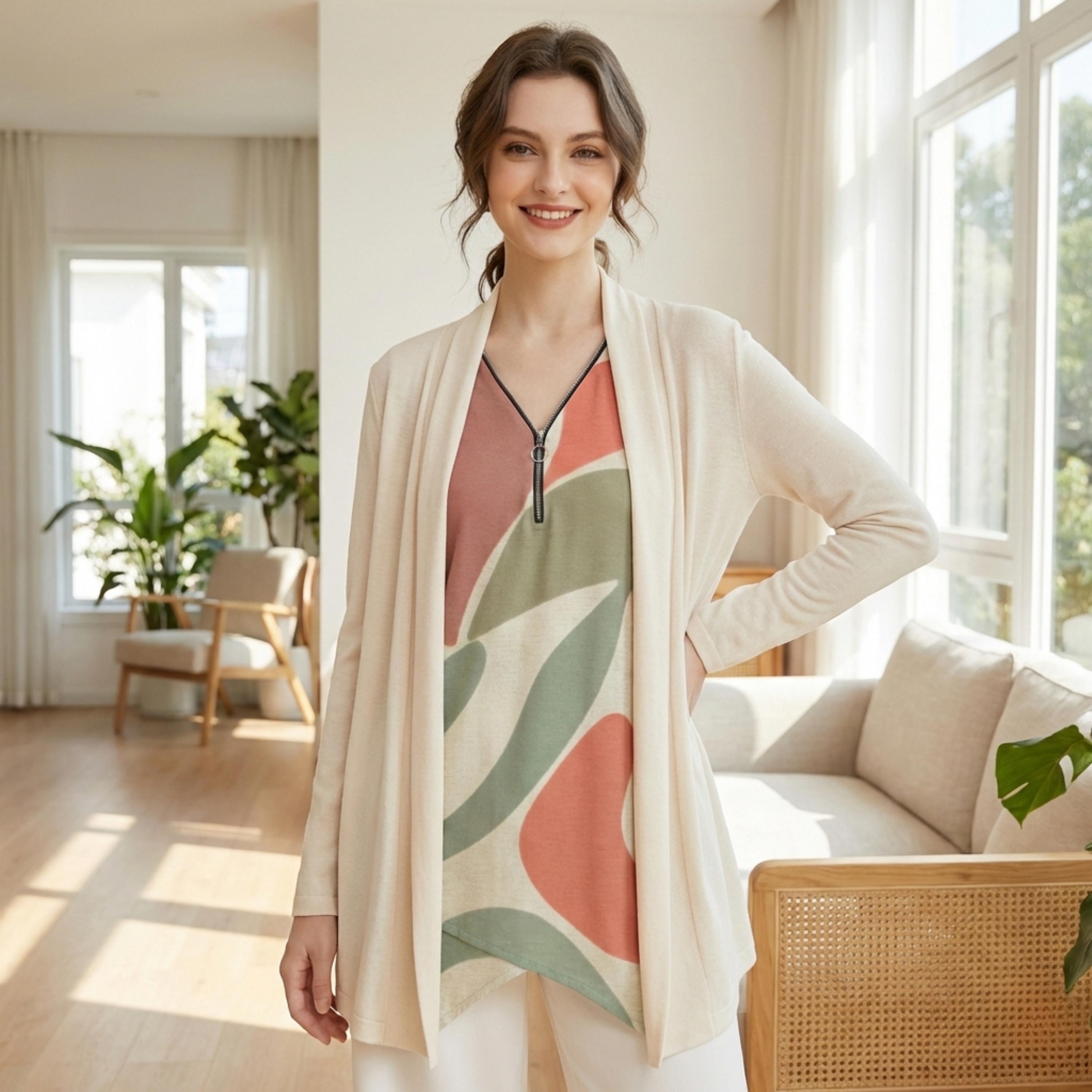 Abstract Leaf Zipper Blouse | V-Neck Linen-Look Tunic