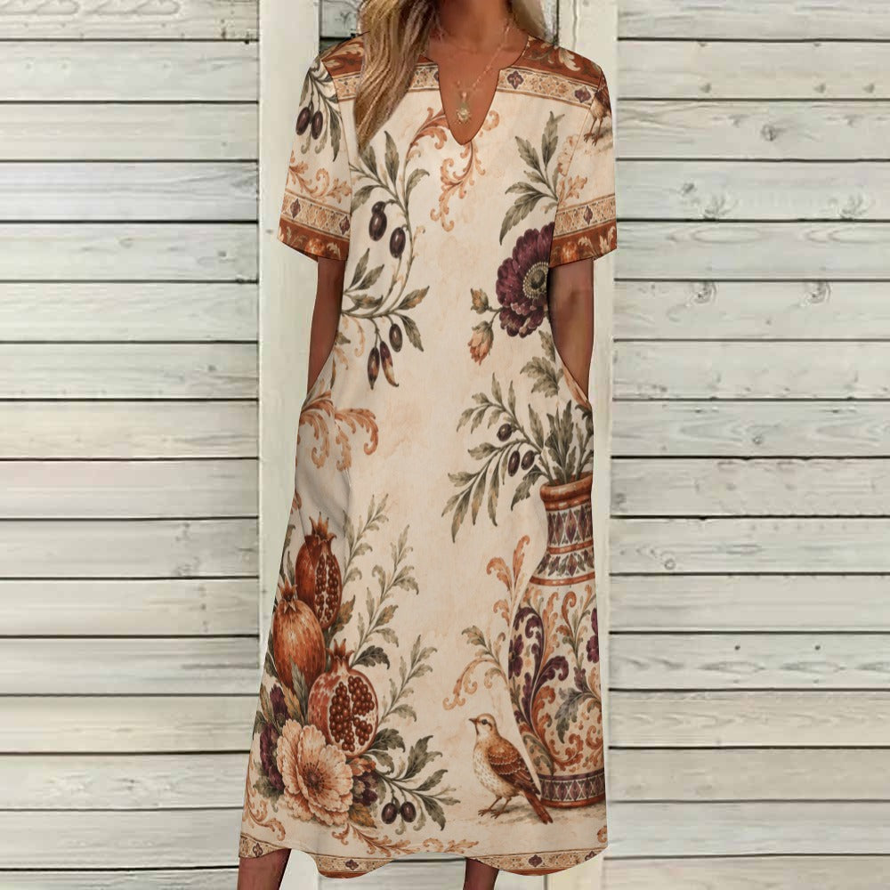Vintage Medallion 3/4 Sleeve Midi Dress | Ornate Neutral Print
