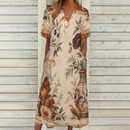 Vintage Medallion 3/4 Sleeve Midi Dress | Ornate Neutral Print