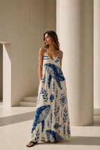 Mediterranean Whale Maxi Dress | Blue White Greek Island Dress