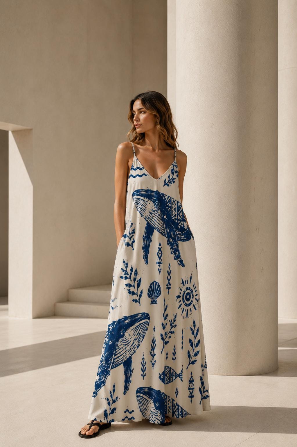 Mediterranean Whale Maxi Dress | Blue White Greek Island Dress