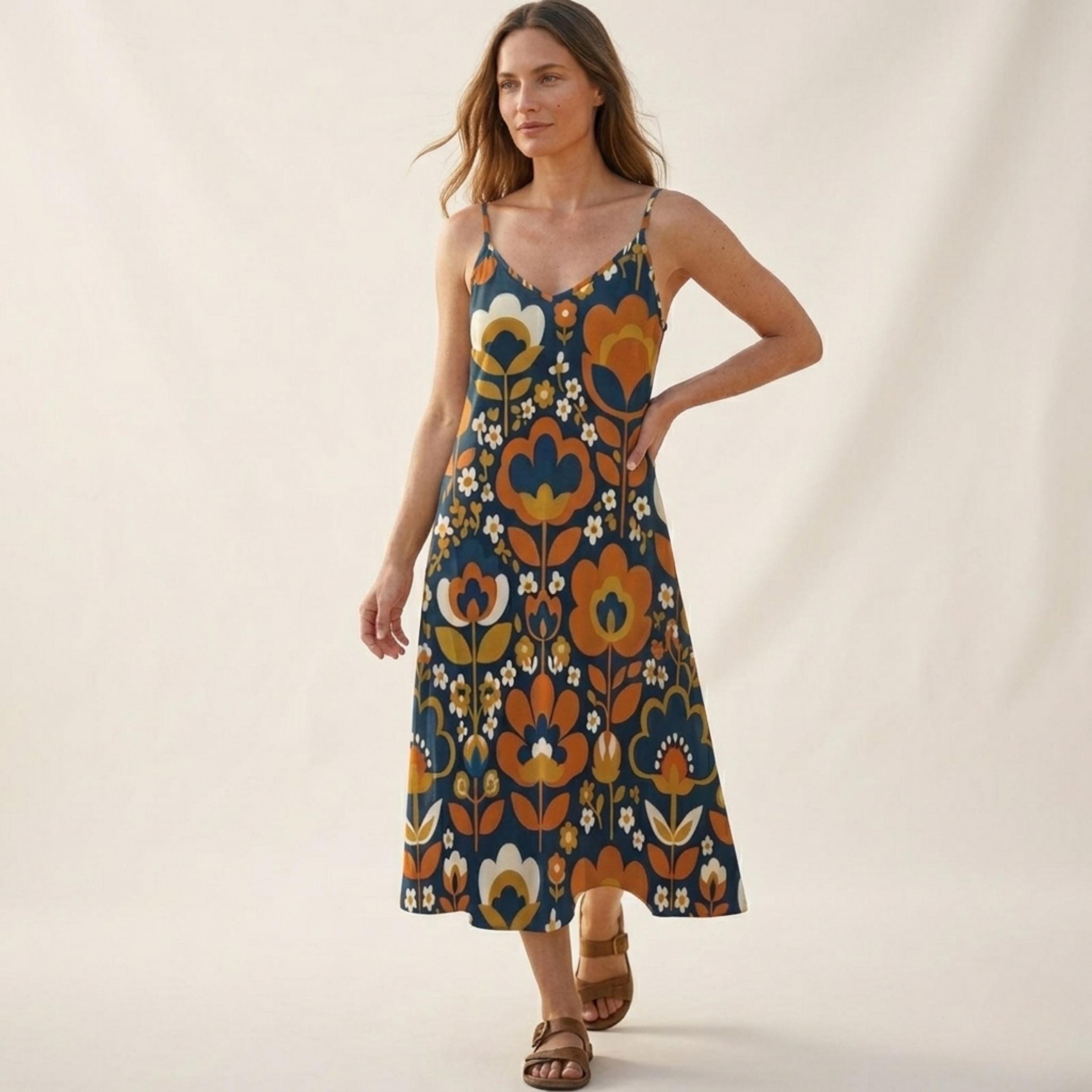 Retro Floral Maxi Slip Dress | 70s Boho Vacation Dress