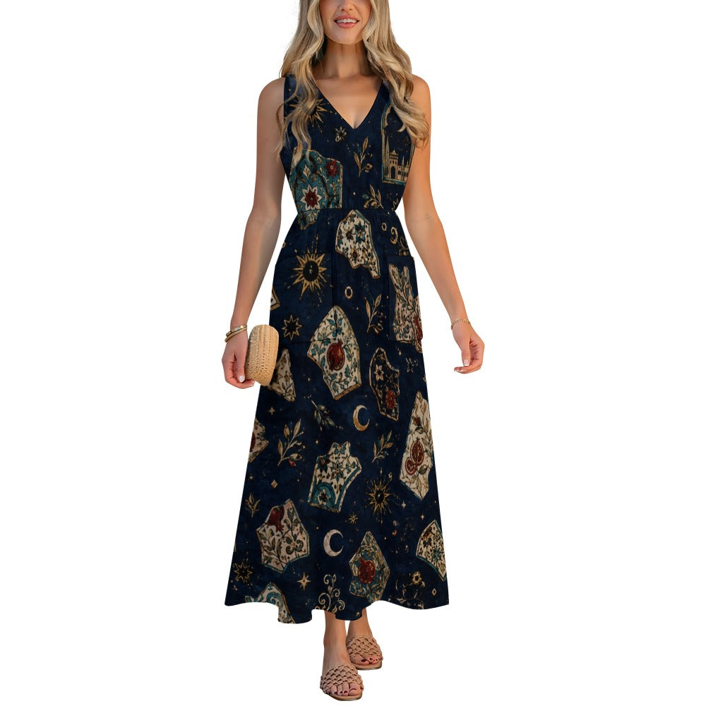 Moonlit Navy Maxi Dress with Pockets | Celestial V-Neck Dress