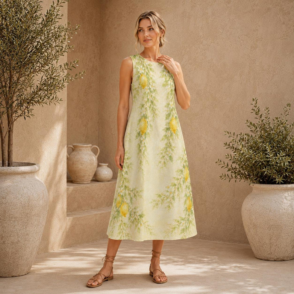 Lemon Floral Cotton Midi Dress | Garden Party A-Line Pocket Dress