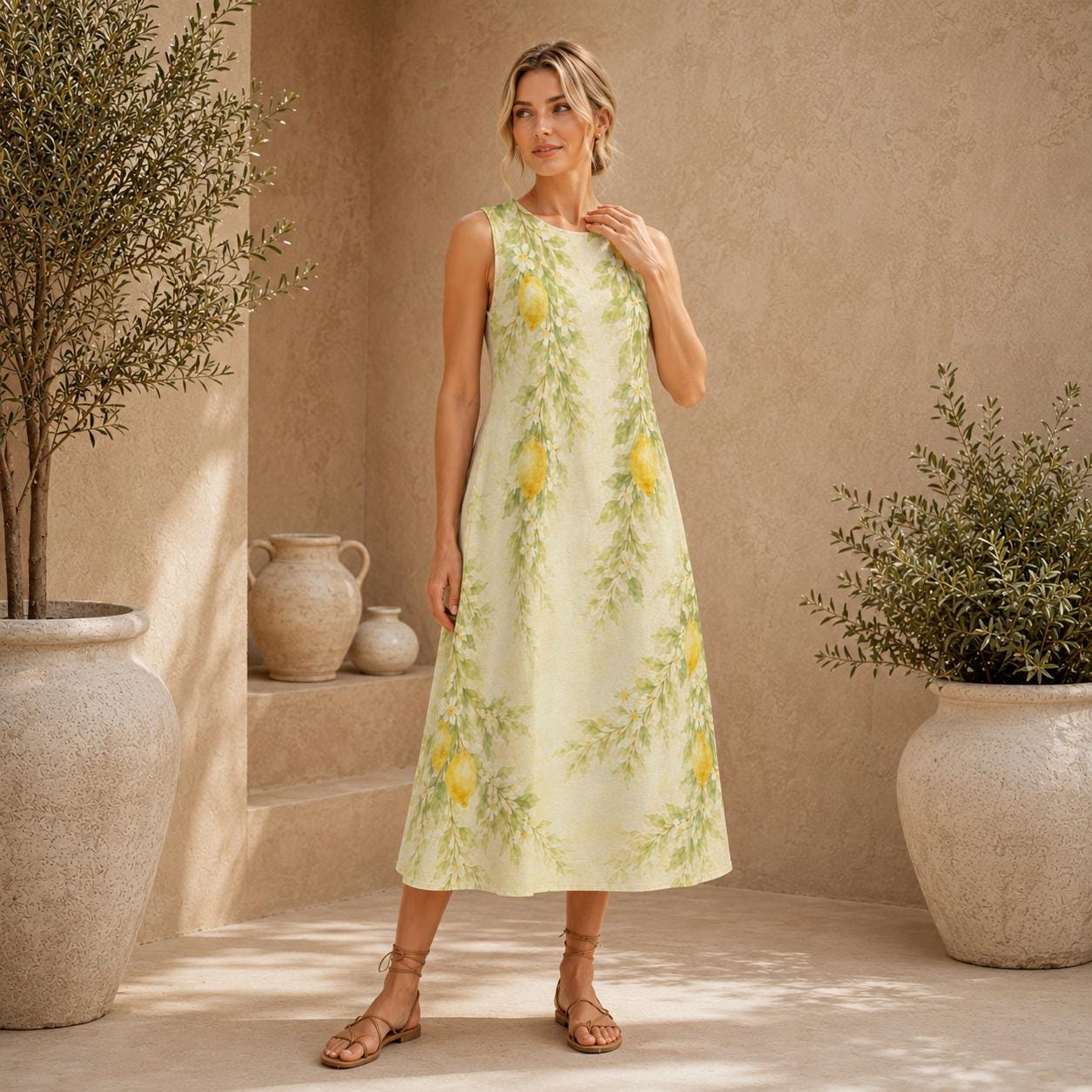 Lemon Floral Cotton Midi Dress | Garden Party A-Line Pocket Dress