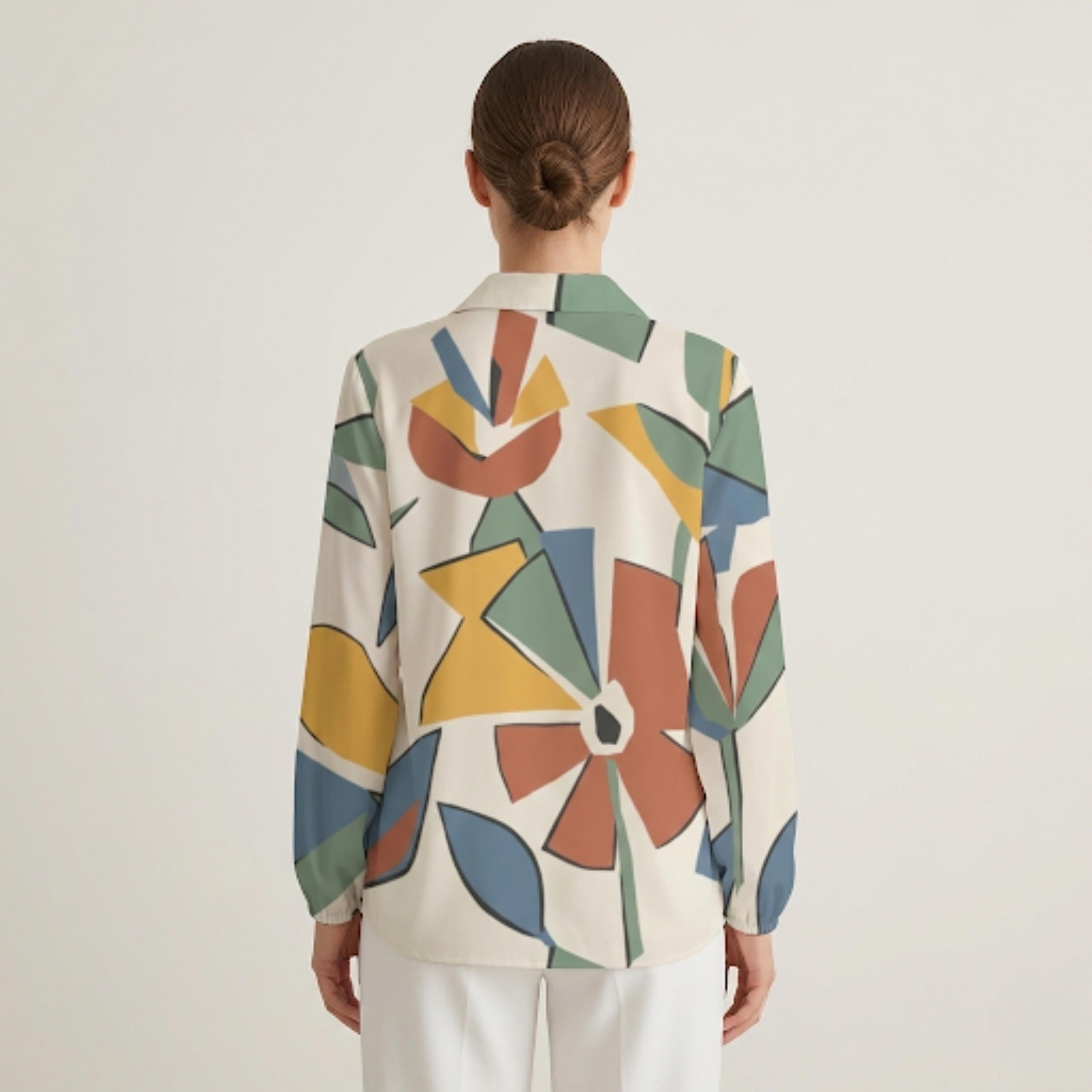 Abstract Geometric Button-Down Blouse | Modern Office Casual Top