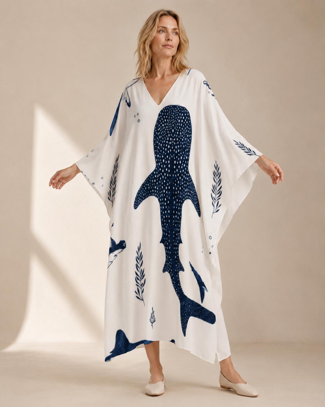 Whale Shark Kaftan Dress | Coastal V-Neck Resort Cover-Up