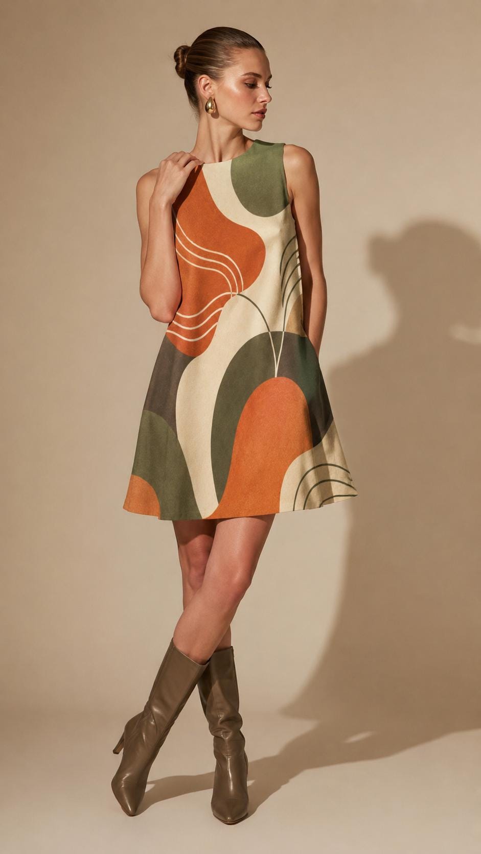 Earthy Abstract A-Line Mini Dress | Retro Coastal Pocket Dress