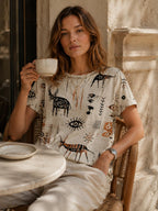 Oversized Folk Art Cotton T-Shirt | Scandinavian Boho Graphic Tee