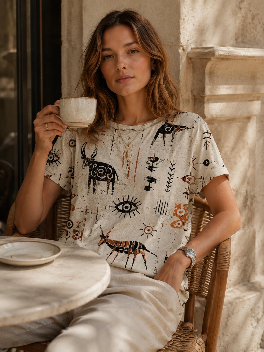 Oversized Folk Art Cotton T-Shirt | Scandinavian Boho Graphic Tee
