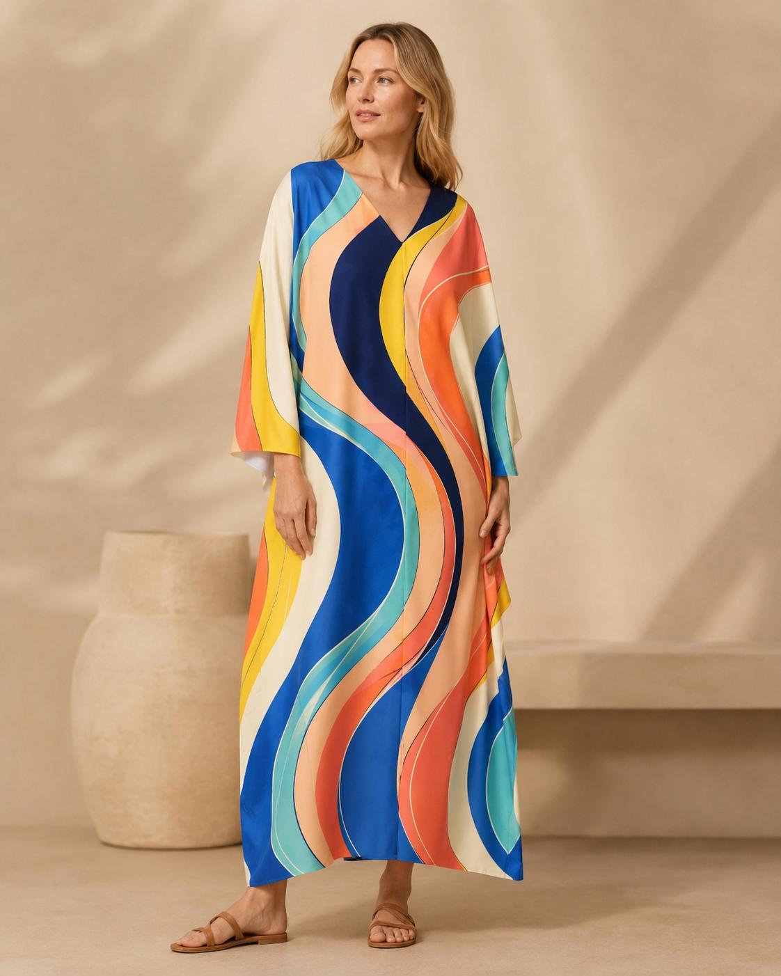 Retro Wave Kaftan Dress | Colorful 70s Resort Maxi Dress