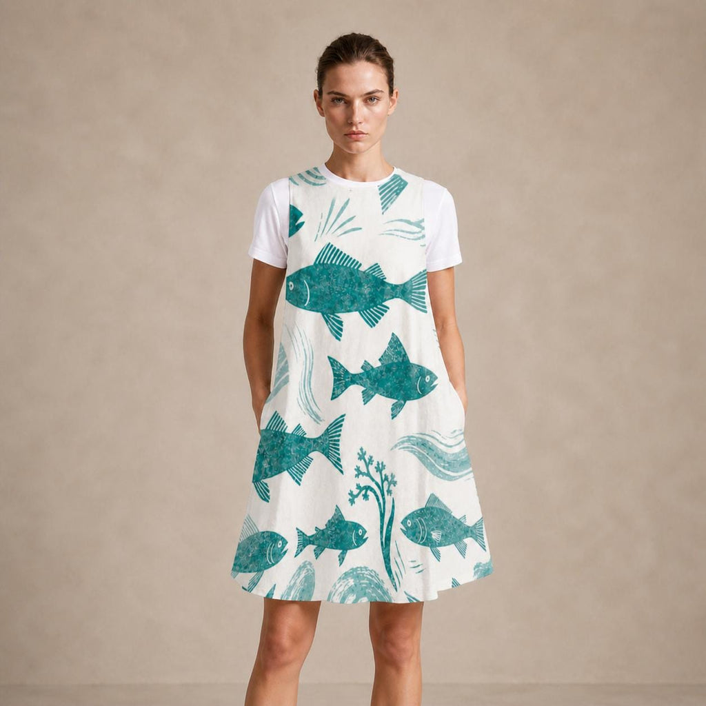 Coastal Fish Pocket Dress | Mediterranean Sleeveless Resort Dress