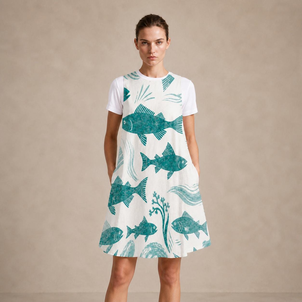 Coastal Fish Pocket Dress | Mediterranean Sleeveless Resort Dress