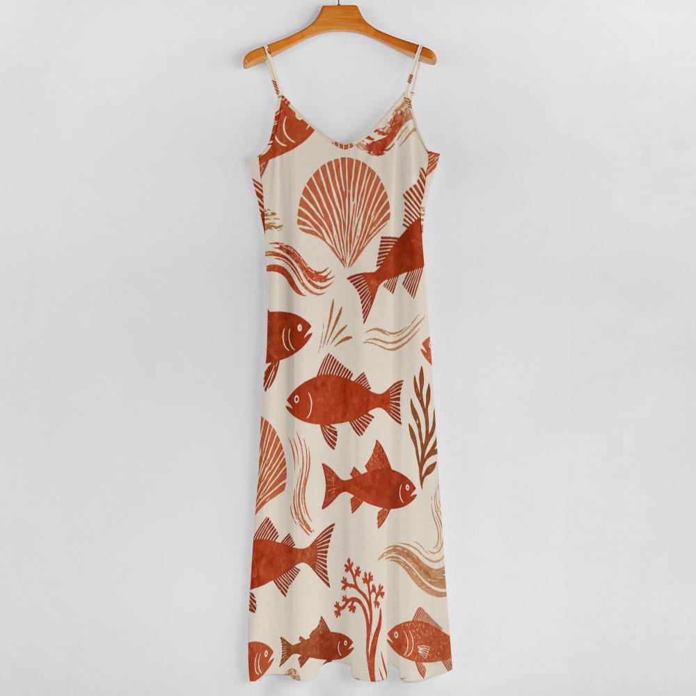 Mediterranean Fish Maxi Dress | Coastal Beach Dinner Sundress